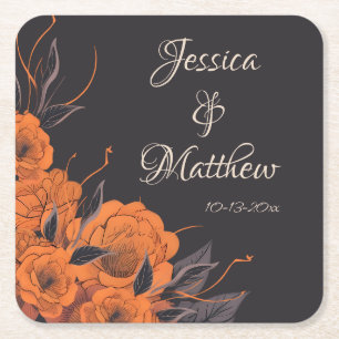 Porta-copo De Papel Quadrado Flores Laranja Elegante Chique data Casamento