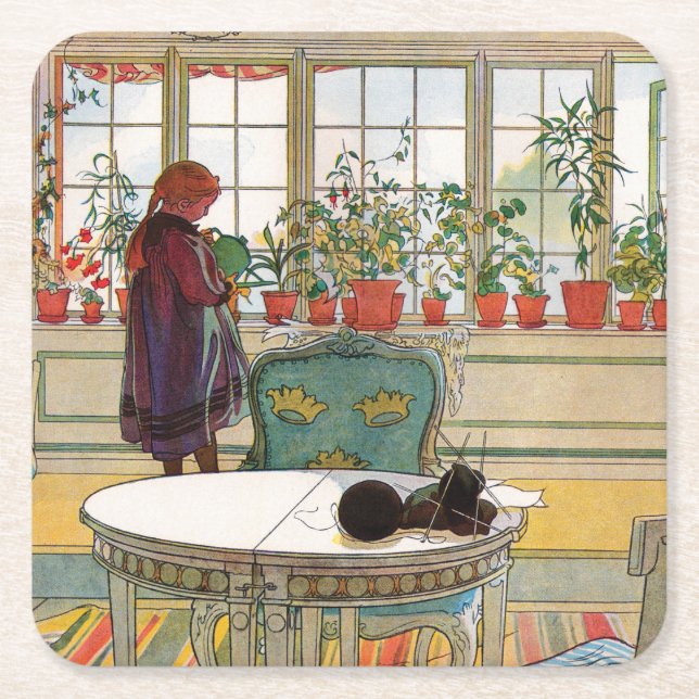 Porta-copo De Papel Quadrado Flores no Windowsill por Carl Larsson (Frente)