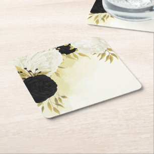 Porta-copo De Papel Quadrado flores pretas e brancas folhas douradas casamento