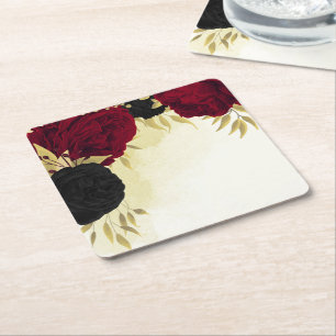 Porta-copo De Papel Quadrado flores pretas vermelhas folhas douradas casamento