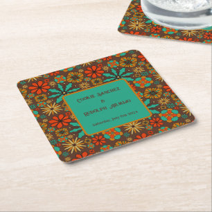 Porta-copo De Papel Quadrado Flores Retro Marrom Teal Vermelho floral groovy 60