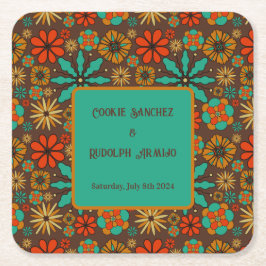 Porta-copo De Papel Quadrado Flores Retro Marrom Teal Vermelho floral groovy an