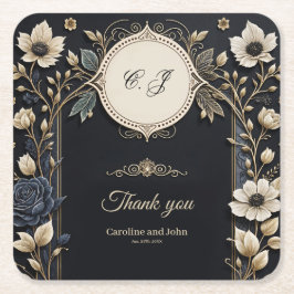 Porta-copo De Papel Quadrado Flores românticas brilhantes sobre fundo azul prof