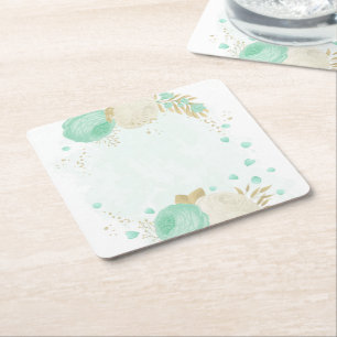 Porta-copo De Papel Quadrado Flores românticas verde menta e branco dourado