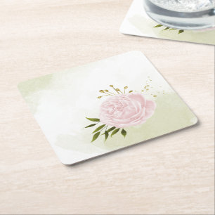 Porta-copo De Papel Quadrado Flores rosa Boho folhas verdes botânico