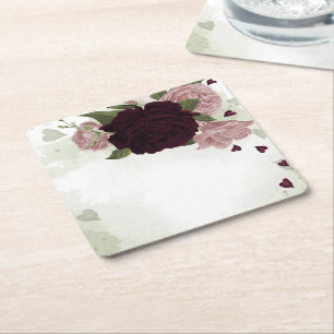 Porta-copo De Papel Quadrado flores rosa & cabernet folhagem
