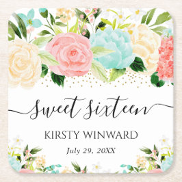 Porta-copo De Papel Quadrado Flores Rosa e Verde Água Florais Sweet Sixteen