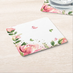 Porta-copo De Papel Quadrado flores rosa-quente folhas verdes borboletas