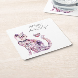 Porta-copo De Papel Quadrado Flores Rosa Roxo Bege Coração Amor Gato Aniversári