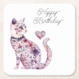Porta-copo De Papel Quadrado Flores Rosa Roxo Bege Coração Amor Gato Aniversári