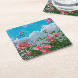 Porta-copo De Papel Quadrado Flores Rosa Sob Céu Azul com Nuvens - Natureza
