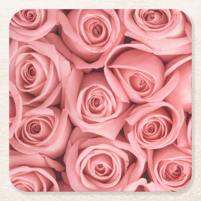 Porta-copo De Papel Quadrado Flores | Rosas rosadas (Frente)