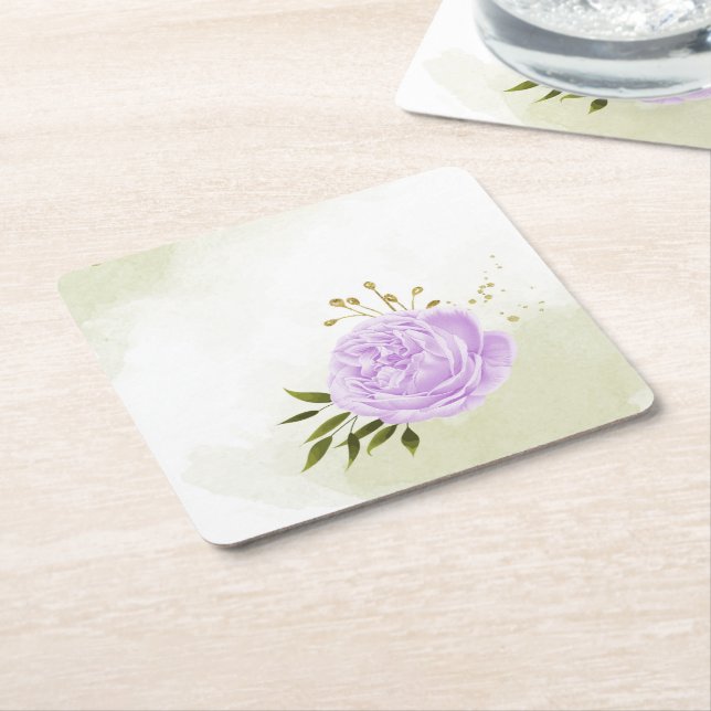 Porta-copo De Papel Quadrado Flores roxas boho folhas verdes botânicas (Inclinado)