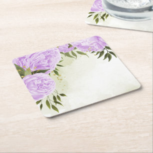 Porta-copo De Papel Quadrado Flores roxas boho folhas verdes botânicas