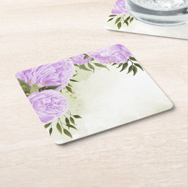 Porta-copo De Papel Quadrado Flores roxas boho folhas verdes botânicas (Inclinado)