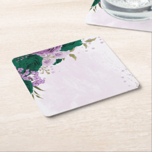 Porta-copo De Papel Quadrado flores roxas casamento verde esmeralda