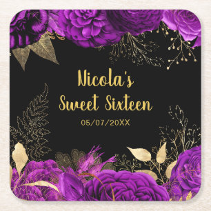 Porta-copo De Papel Quadrado Flores Roxas e Douradas Elegantes para Sweet Sixte