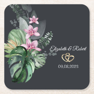 Porta-copo De Papel Quadrado Flores Tropicais Casamento Escuro