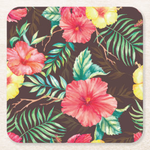 Porta-copo De Papel Quadrado Flores Tropicais Coloridas Fundo Escuro