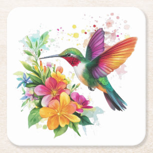 Porta-copo De Papel Quadrado Flores Tropicais De Hummingbird