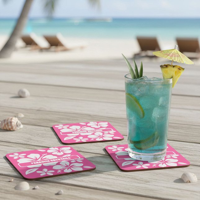 Porta-copo De Papel Quadrado Flores Tropicais De Praia Rosa (tropical pink beach coasters)