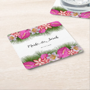 Porta-copo De Papel Quadrado Flores tropicais e caligrafia das folhas de