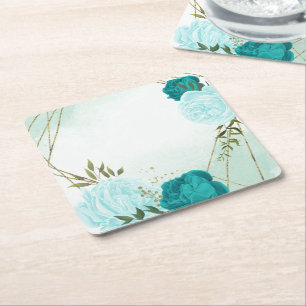 Porta-copo De Papel Quadrado flores turquesa folhas verdes casamento