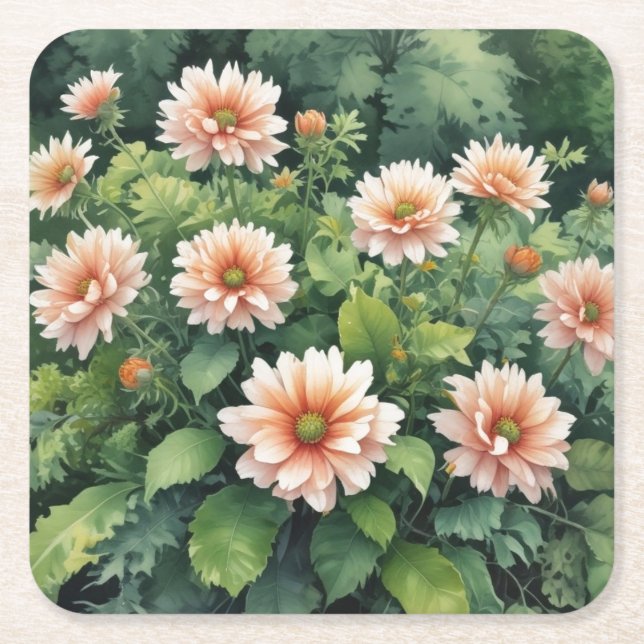 Porta-copo De Papel Quadrado Flores Vegetação Elegante Aquarela (Frente)