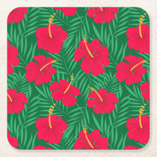 Porta-copo De Papel Quadrado Flores Vermelhas de Hibisco em Folhas Tropicais Ve