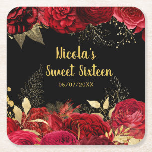 Porta-copo De Papel Quadrado Flores Vermelhas e Douradas Elegantes Sweet Sixtee