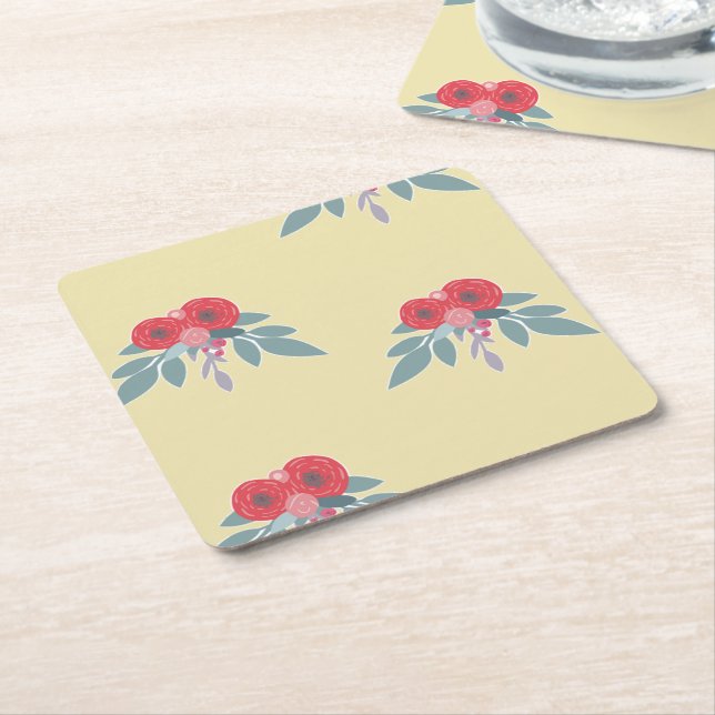 Porta-copo De Papel Quadrado Flores vermelhas e folhas verdes em castanho (Inclinado)