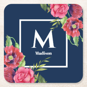Porta-copo De Papel Quadrado Flores Vermelhas e Rosas Monograma Azul-Marinho Es