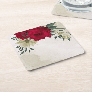 Porta-copo De Papel Quadrado flores vermelhas românticas e amarelas pálidas