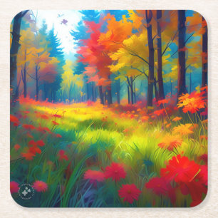 Porta-copo De Papel Quadrado Floresta com Árvores e Flores Coloridas-47560