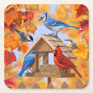 Porta-copo De Papel Quadrado Folhas de outono do Cardeal Azul-Jay Chickadee Blu
