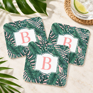 Porta-copo De Papel Quadrado Folhas de Palma Verde Tropical Coral Monograma