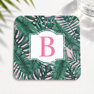 Porta-copo De Papel Quadrado Folhas de Palmeira Verde Tropical Monograma Rosa