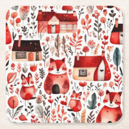 Porta-copo De Papel Quadrado Folhas de papel vermelhas e casas fofas