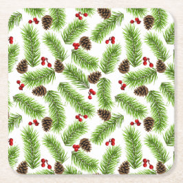Porta-copo De Papel Quadrado Folhas de Pinheiro Natal Verde, Pinhas e Bagas Ver