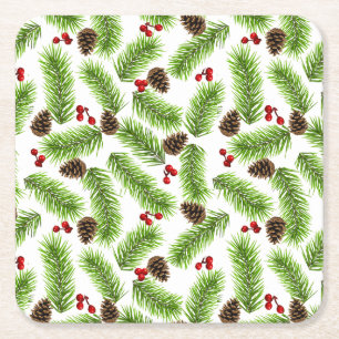 Porta-copo De Papel Quadrado Folhas de Pinheiro Natal Verde, Pinhas e Bagas Ver