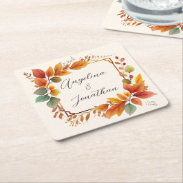 Porta-copo De Papel Quadrado Folhas Elegantes de Outono Aquarela Creme Casament