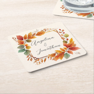 Porta-copo De Papel Quadrado Folhas Elegantes de Outono Aquarela Creme Casament