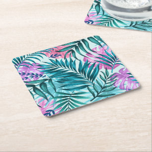 Porta-copo De Papel Quadrado Folhas tropicais cor-de-rosa e lacrimejante e mons
