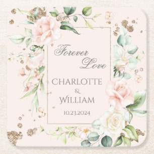 Porta-copo De Papel Quadrado Forever Love Blush Watercolor Data Floral Casament