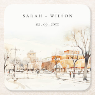Porta-copo De Papel Quadrado Forgo North Dakota City Scape Watercolor Casamento