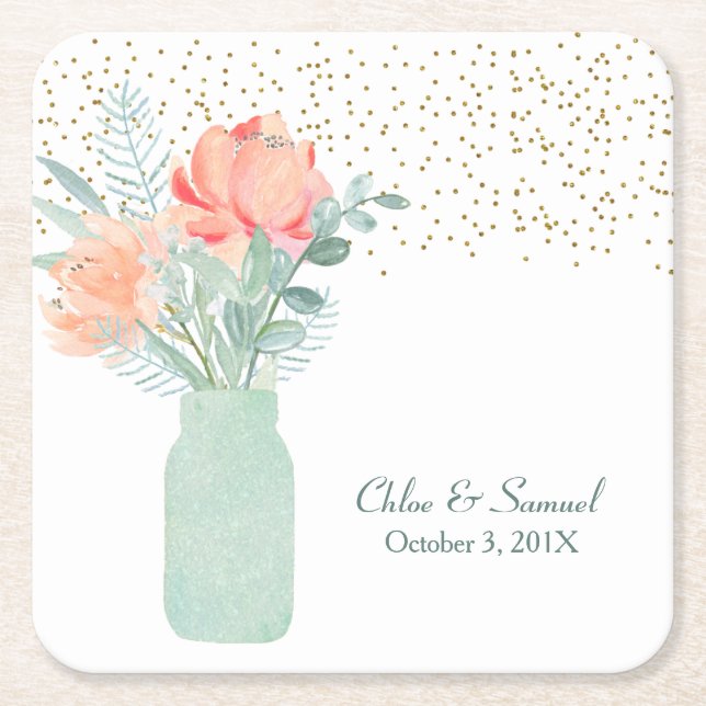 Porta-copo De Papel Quadrado Fosco Glass Mason Jar Wedding (Frente)