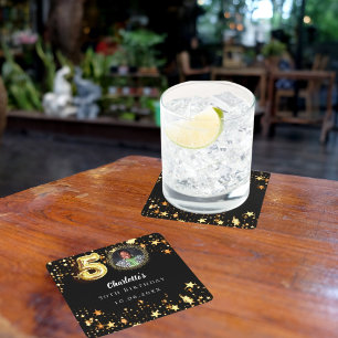Porta-copo De Papel Quadrado Foto das estrelas douradas pretas do 50º aniversár