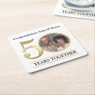Porta-copo De Papel Quadrado Foto de 50º Aniversário em Dourado Elegante