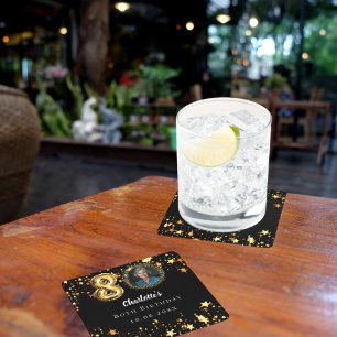 Porta-copo De Papel Quadrado foto de 80 de aniversário de estrelas pretas doura