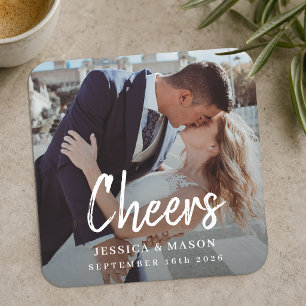 Porta-copo De Papel Quadrado Foto de Casamento de Casal com Rótulo Moderno de C